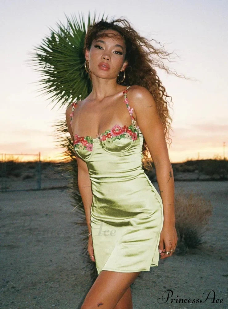 Embroidered Straps Dress with Sexy Waist