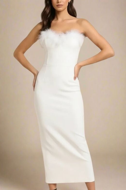 Pearl White Strapless Sweetheart Feather Trim Bodycon Midi Gown