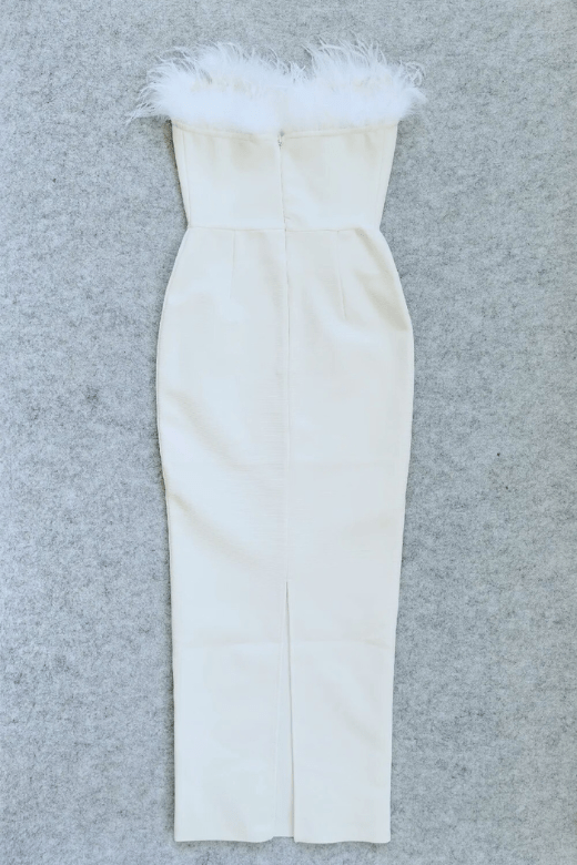 Pearl White Strapless Sweetheart Feather Trim Bodycon Midi Gown