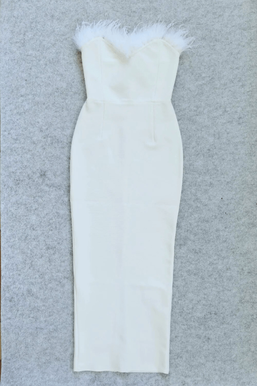 Pearl White Strapless Sweetheart Feather Trim Bodycon Midi Gown