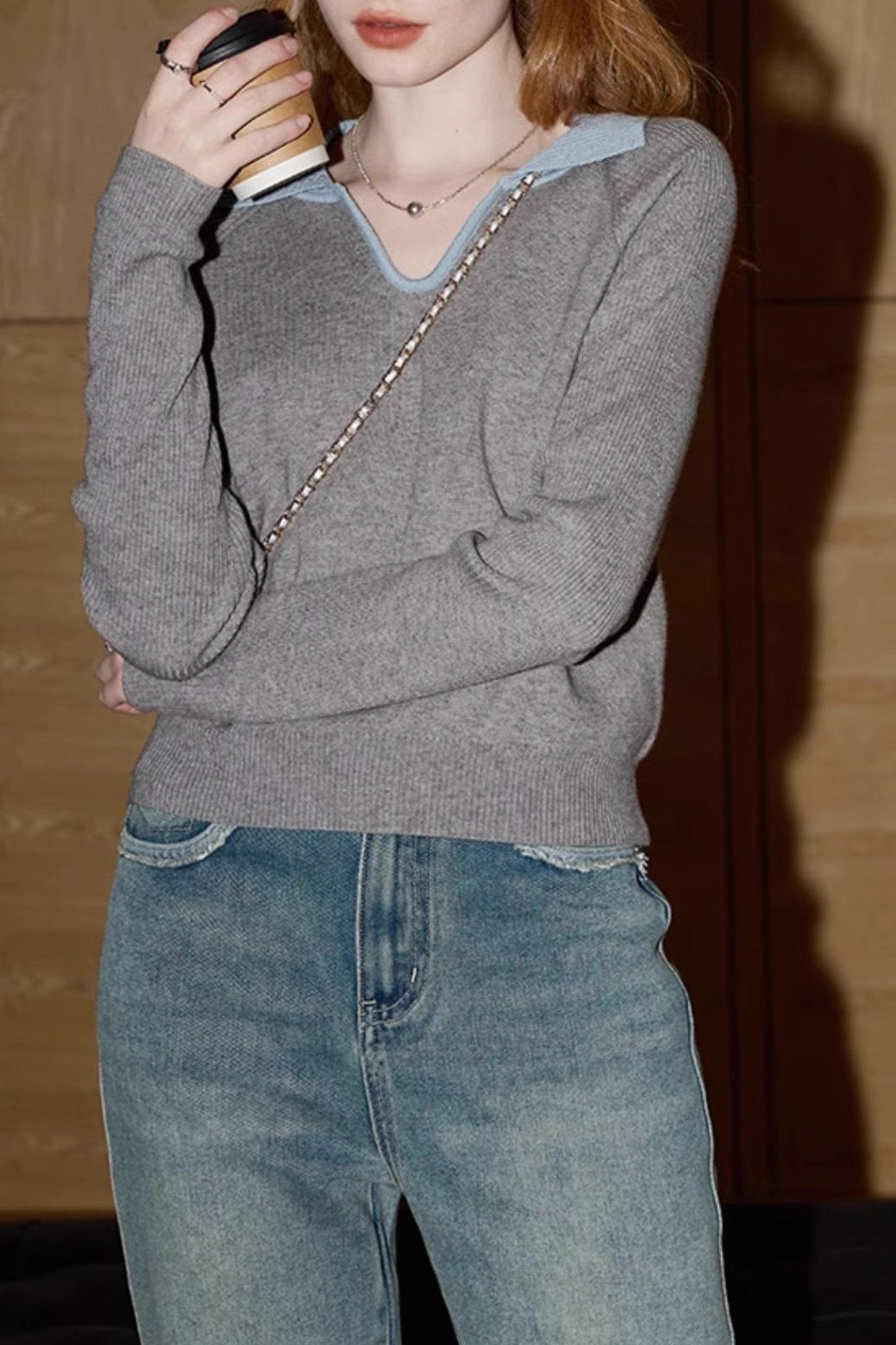 Elegant Grey Ribbed Knit Top