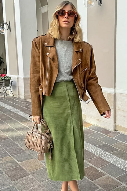 Faux-Suede Front-Slit Midi Skirt