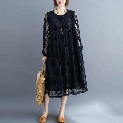 Round Neck Floral Lace Overlay Babydoll Waist Long Sleeve Midi Dress