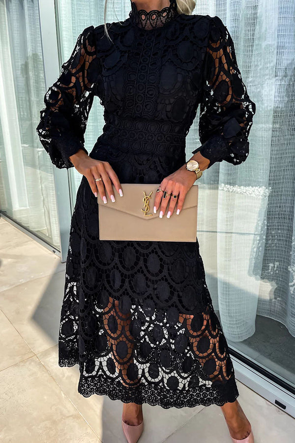 Guipure Lace Mock Neck Bishop Sleeve Inset Waist Midi Dress