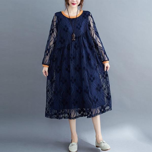 Round Neck Floral Lace Overlay Babydoll Waist Long Sleeve Midi Dress