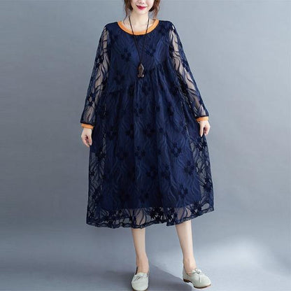 Round Neck Floral Lace Overlay Babydoll Waist Long Sleeve Midi Dress