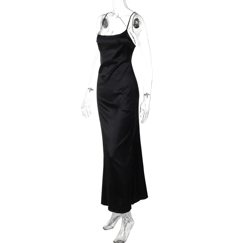 Backless Floral Strap Long Dress Women's Summer Fashion Solid Color Slim Strap One-Neck Evening Dress Elegant Long Dress