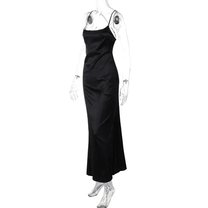 Backless Floral Strap Long Dress Women's Summer Fashion Solid Color Slim Strap One-Neck Evening Dress Elegant Long Dress