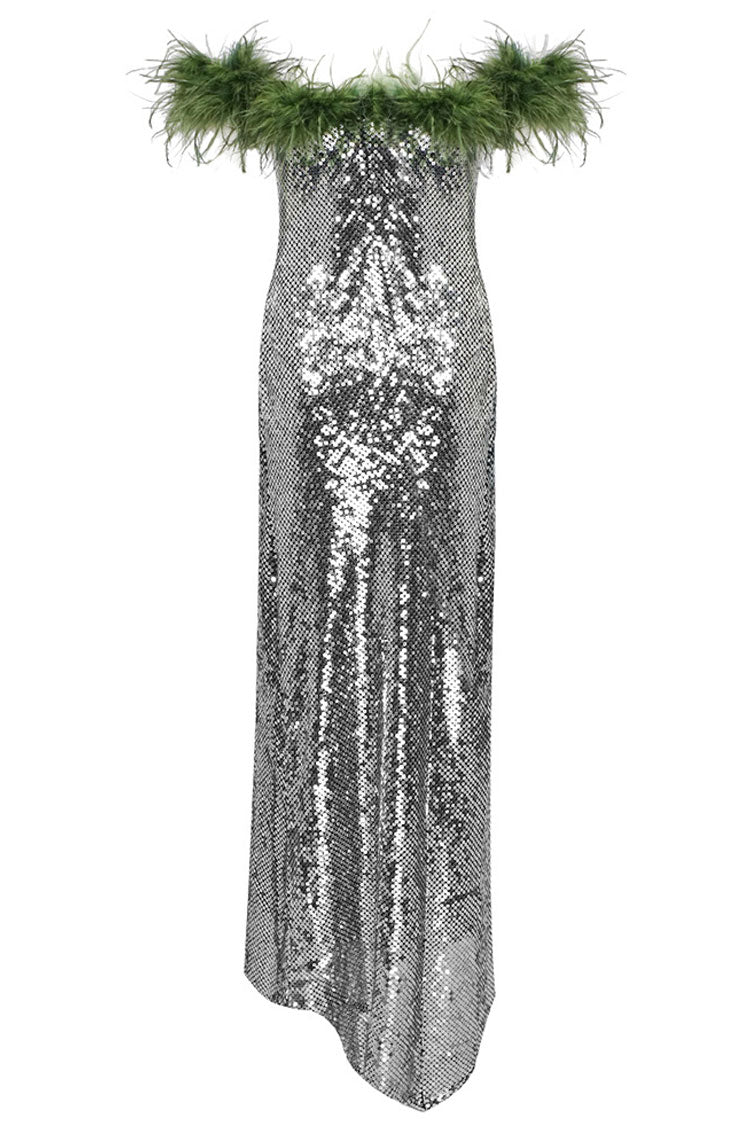 Off-Shoulder Sequin Feather Trim Asymmetric Mermaid Midi Dress