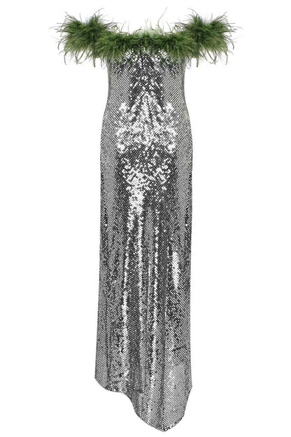 Off-Shoulder Sequin Feather Trim Asymmetric Mermaid Midi Dress