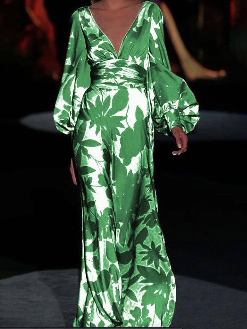 Floral Print Deep V Bishop Sleeve Wrap Waist Flowing Maxi Dress