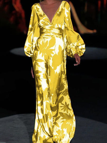 Floral Print Deep V Bishop Sleeve Wrap Waist Flowing Maxi Dress