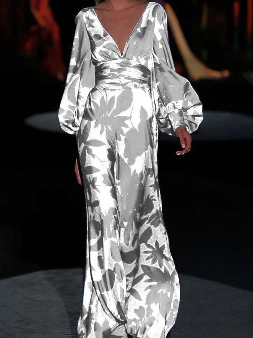 Floral Print Deep V Bishop Sleeve Wrap Waist Flowing Maxi Dress