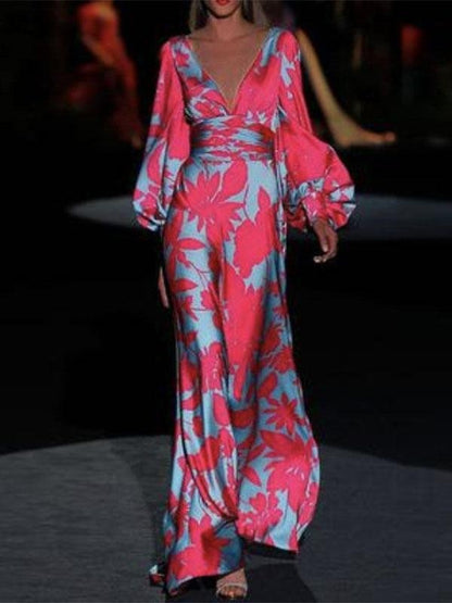 Floral Print Deep V Bishop Sleeve Wrap Waist Flowing Maxi Dress