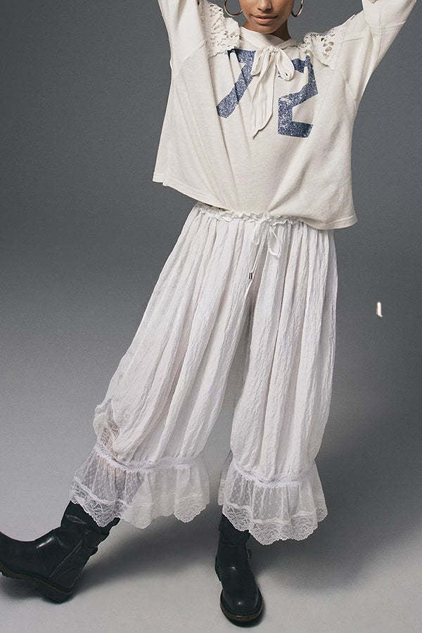 Pastoral Style Elastic Waist Lace Hem Bloomer Pants