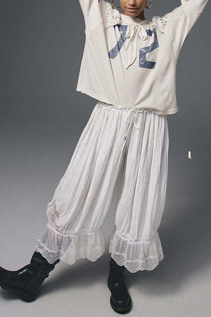 Pastoral Style Elastic Waist Lace Hem Bloomer Pants
