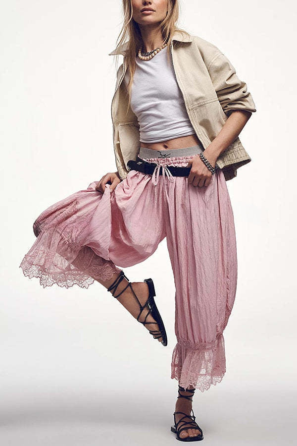 Pastoral Style Elastic Waist Lace Hem Bloomer Pants