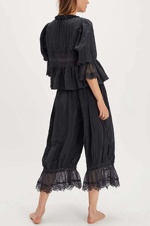 Pastoral Style Elastic Waist Lace Hem Bloomer Pants