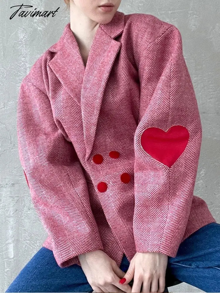 Fashion Pink Plaid Heart Print Coat Women Lapel Lantern Sleeve Notched Double Breasted Jacket Autumn Grace Female Outwear