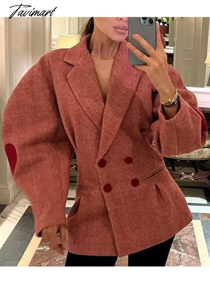 Fashion Pink Plaid Heart Print Coat Women Lapel Lantern Sleeve Notched Double Breasted Jacket Autumn Grace Female Outwear