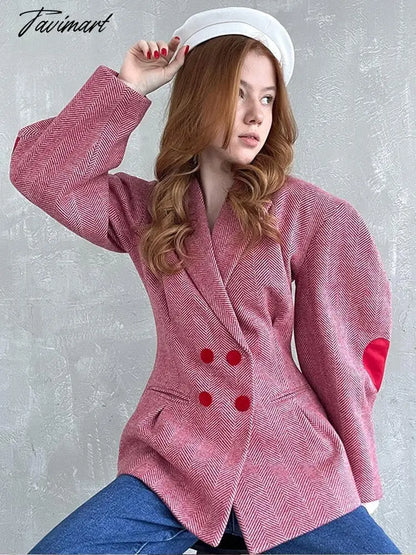 Fashion Pink Plaid Heart Print Coat Women Lapel Lantern Sleeve Notched Double Breasted Jacket Autumn Grace Female Outwear