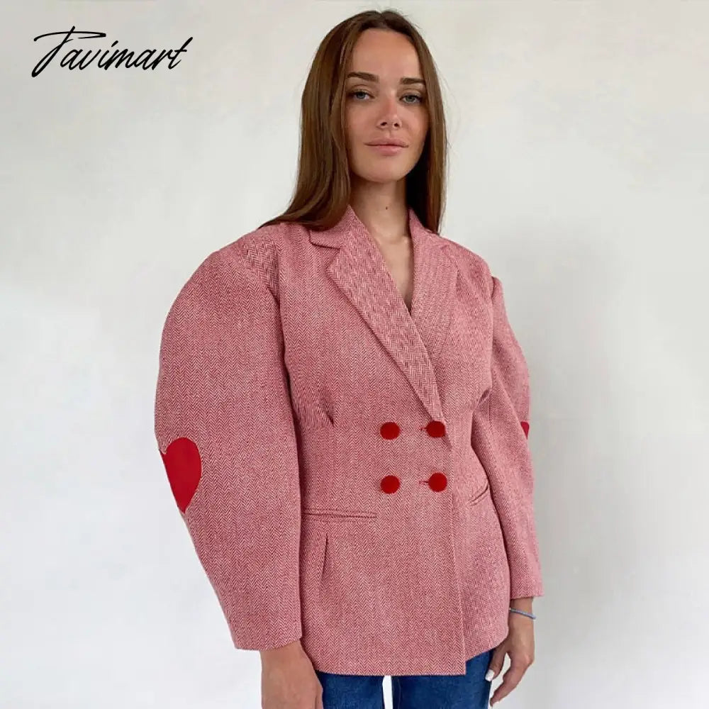 Fashion Pink Plaid Heart Print Coat Women Lapel Lantern Sleeve Notched Double Breasted Jacket Autumn Grace Female Outwear