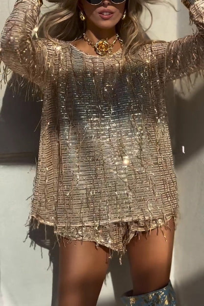 Fashion Sequin Round Neck Long Sleeve Tassel Top and Elastic Waist Casual Shorts Set