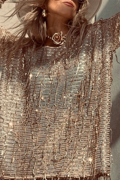 Fashion Sequin Round Neck Long Sleeve Tassel Top and Elastic Waist Casual Shorts Set