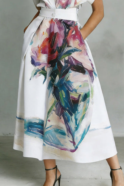 Fashionable Art Print Collared Short Sleeve Casual Pocket Midi Dress