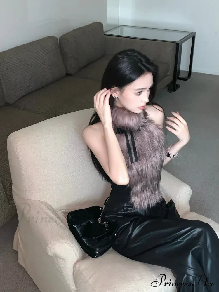 Faux Fur High Collar Sleeveless Trendy Camisole Tank Top with Bow