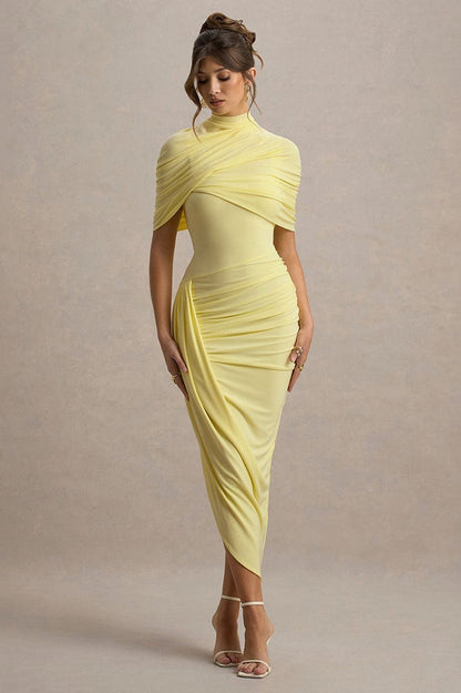 Mock Neck Ruched Crossover Shoulder Wrap Bodycon Midi Dress