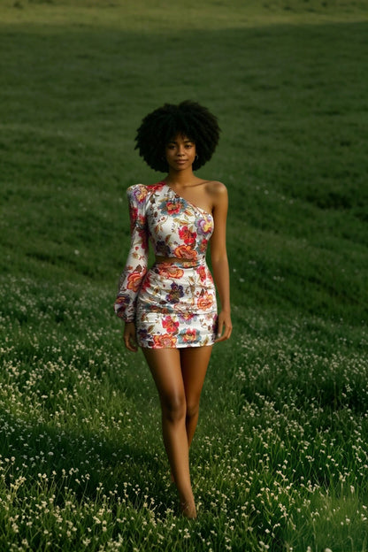 Women Fashion Floral Print Cutout Lantern Long Sleeve Dress