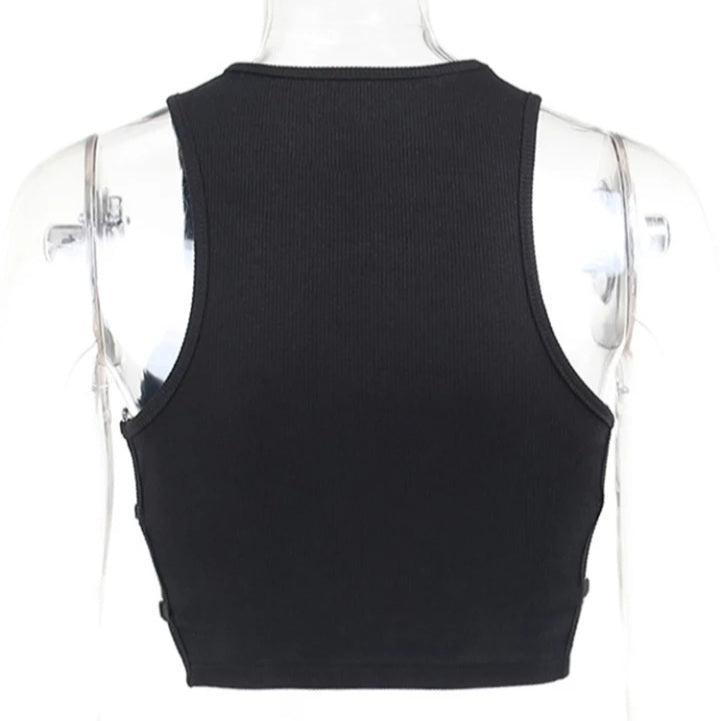 Cute Black Heart Hollow Out Ribbed Tank Crop Top Sleeveless Shirt Punk Goth Summer Aesthetic Casual E-Girl Kawaii Korean Japanese Harajuku