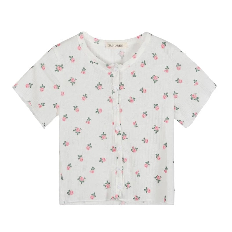 Cute Flower Rose Button Up Crop Top Short Sleeve Shirt T-shirt Tee Top Kawaii Korean Japanese Harajuku Chinese Retro Streetwear Aesthetic Fashion
