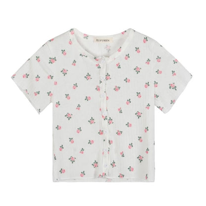 Cute Flower Rose Button Up Crop Top Short Sleeve Shirt T-shirt Tee Top Kawaii Korean Japanese Harajuku Chinese Retro Streetwear Aesthetic Fashion