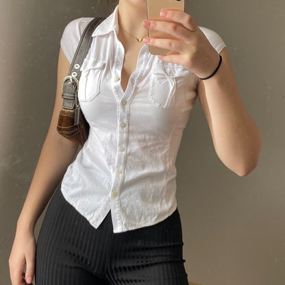 White Pocket Button Down Collar Short Sleeve Shirt