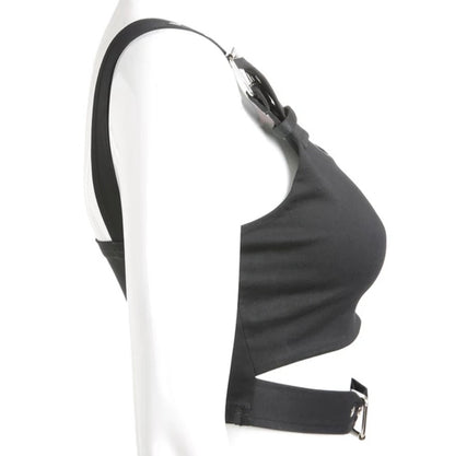 Cute Black Buckle Belt Tank Crop Top Sleeveless Shirt Camisole Bustier Corset Punk Goth Summer Aesthetic E-Girl Kawaii Korean Japanese Harajuku