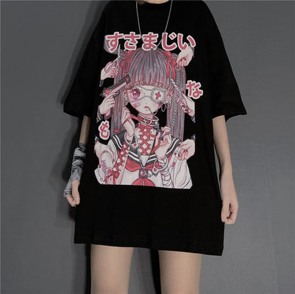 Cute Japanese Girl Punk Goth Print Oversized Short Sleeve Shirt Tee T-shirt E-Girl Kawaii Korean Japanese Harajuku Retro Streetwear Aesthetic