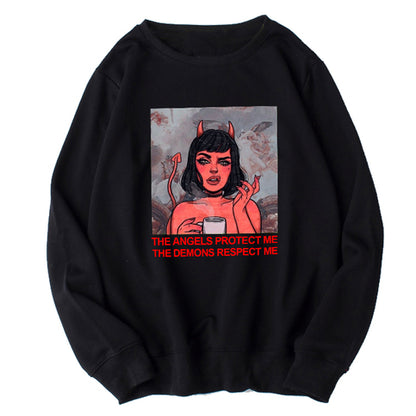 Cute Angel Demon Girl Print Sweater Pullover Hoodie Long Sleeve Top Shirt Sweatshirt E-Girl Kawaii Korean Japanese Harajuku Retro Streetwear Aesthetic