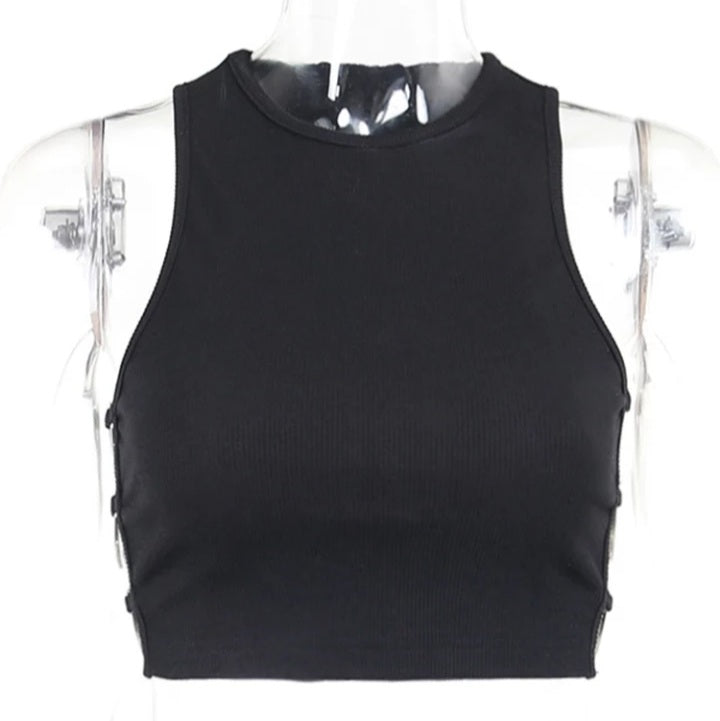 Cute Black Heart Hollow Out Ribbed Tank Crop Top Sleeveless Shirt Punk Goth Summer Aesthetic Casual E-Girl Kawaii Korean Japanese Harajuku