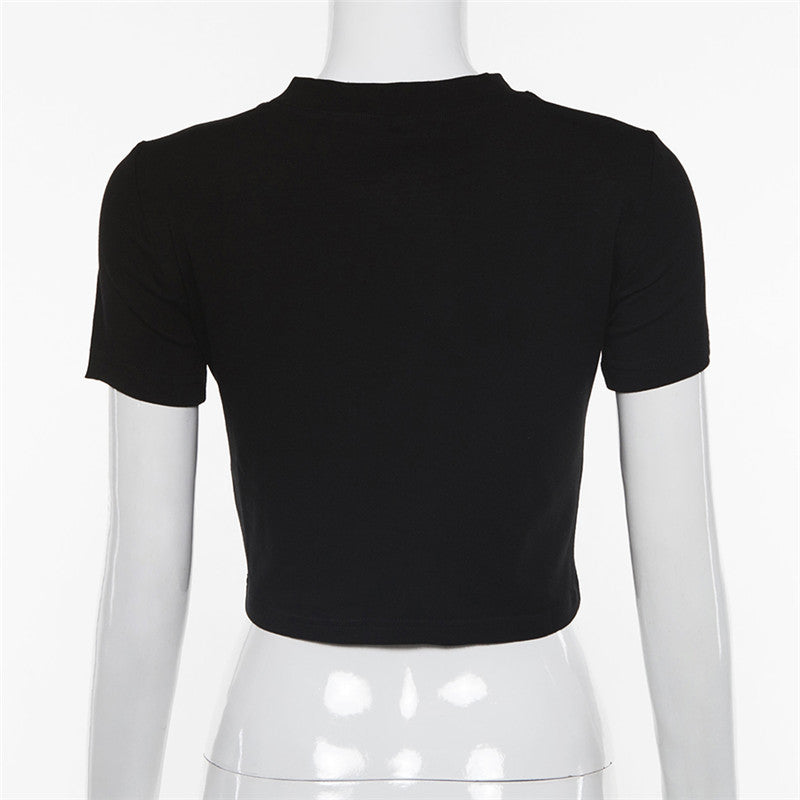 Cute Sexy Black Cosmic Letter Sequin Crop Top T-shirt Short Sleeve Shirt Kawaii Korean Japanese Harajuku Chinese Retro Streetwear Aesthetic Fashion