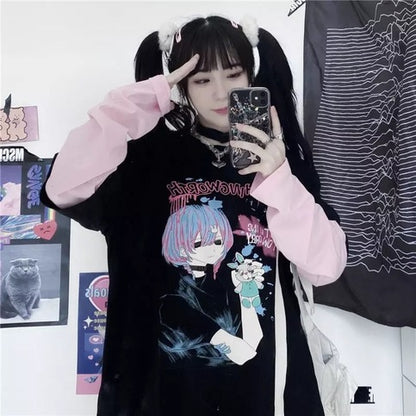 Goth Anime Girl Cartoon Print Loose Casual Sweatshirt Sweater Long Sleeve Shirt Pullover Jumper E-Girl Kawaii Korean Japanese Harajuku Streetwear