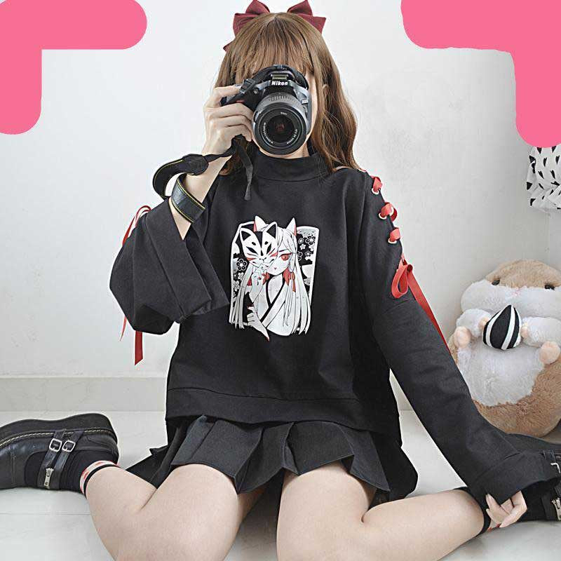 Cute Vintage Anime Fox Print Lace Up Long Sleeve Shirt Hoodie Sweatshirt Top Punk Goth E-Girl Kawaii Korean Japanese Harajuku Streetwear
