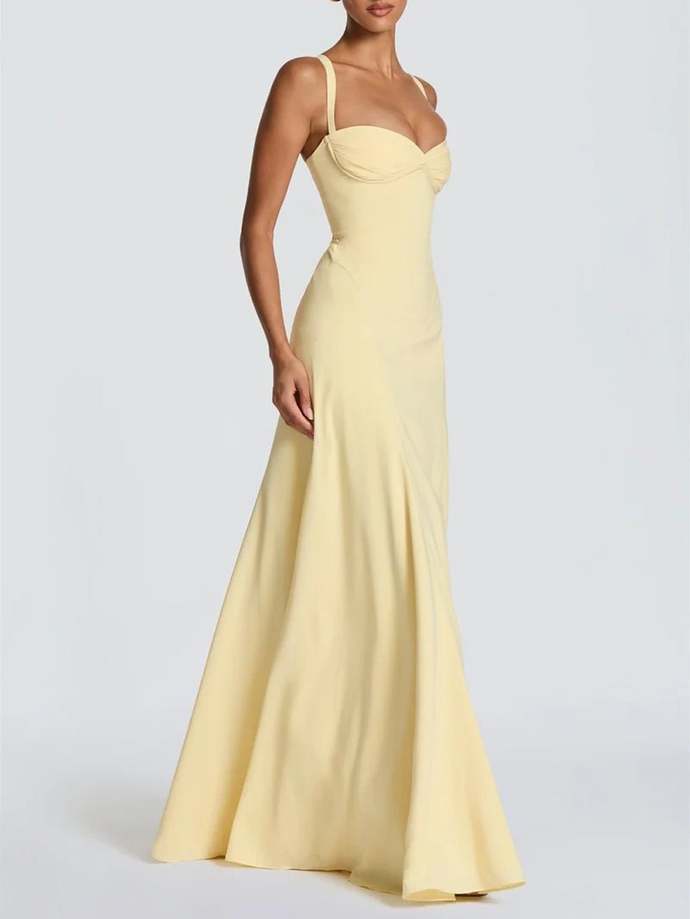 Yellow Crepe Sweetheart Neck Pleated Bust Twist Detail Wide Strap Sleeveless Drop Waist Princess Seam Panel A-Line Gown