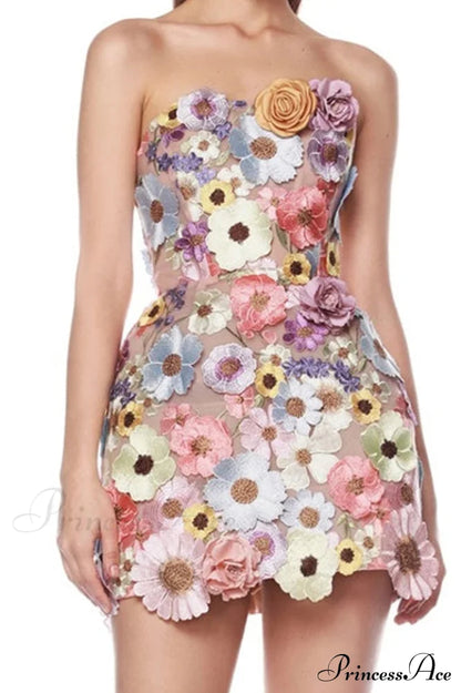 Floral 3D Embroidery Charming Tube Mini Dress