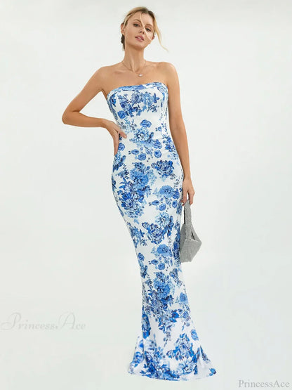 Floral Off-Shoulder Tube Bandeau Slit Bodycon Beach Holiday Floral Dress