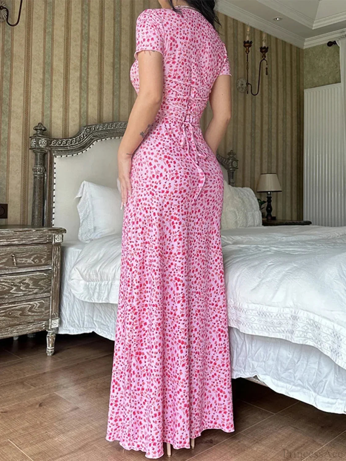 Floral Print T-Shirt Tie Back U-neck A-Line Long Floral Dress