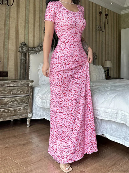 Floral Print T-Shirt Tie Back U-neck A-Line Long Floral Dress