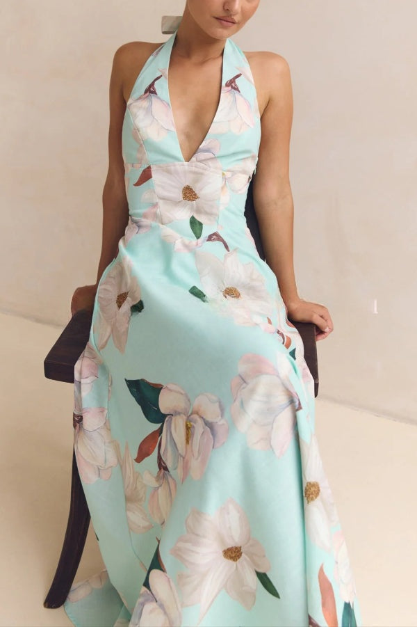 Floral Print V-neck Backless Tie-up Fitted Waist Elegant Maxi Dress