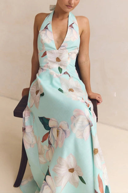Floral Print V-neck Backless Tie-up Fitted Waist Elegant Maxi Dress